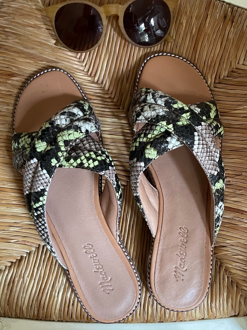 Madewell Women's Snake-Print Crisscross Slide Sandals in Black, Cream & Green